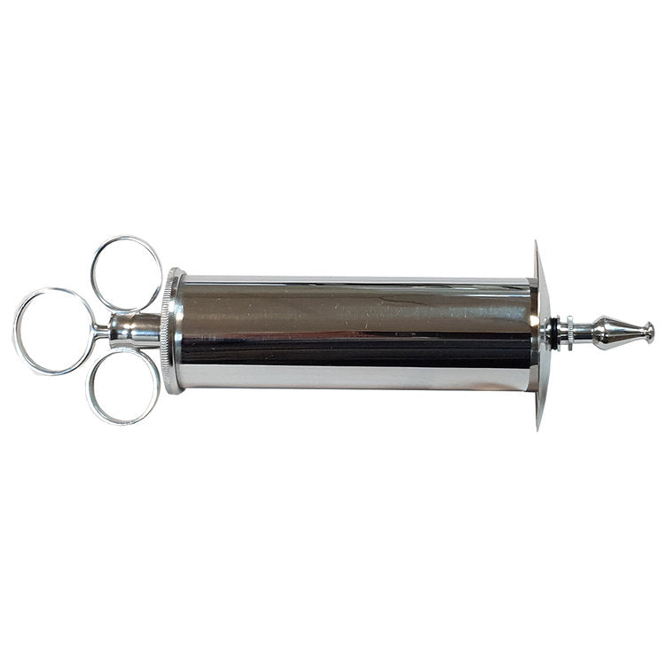 Stainless steel enema syringe with three finger rings and a tapered tip.