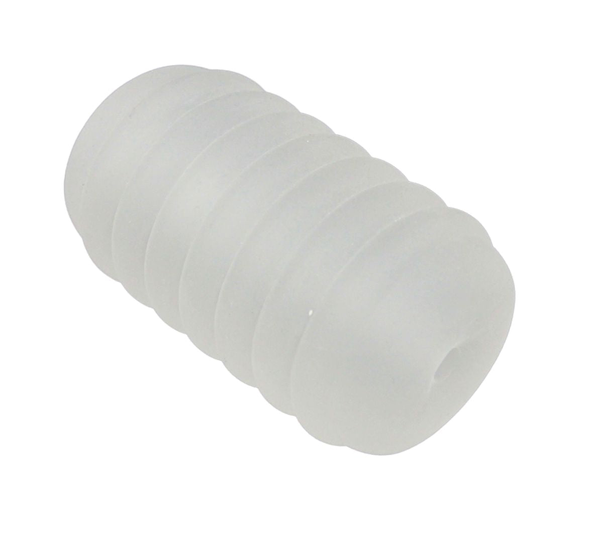 Frosted white ribbed masturbator with an opening at one end.