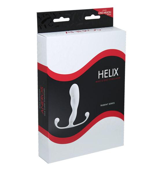 Aneros Helix Trident prostate massager in white on a white box.