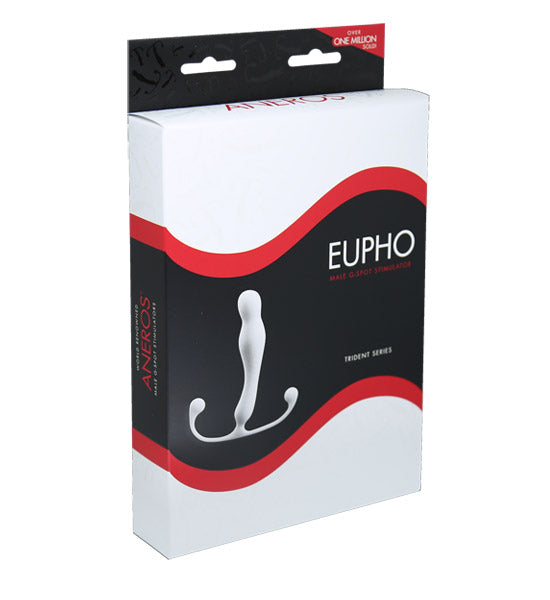 Aneros Eupho Trident prostate massager in white on a white background.