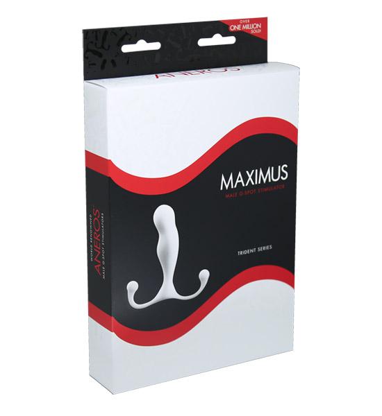 Aneros Maximus Trident prostate massager in white with red accents on the box.