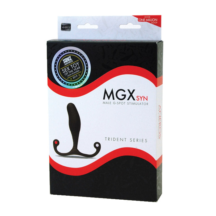 Aneros MGX Syn Trident Series male G-spot stimulator in its box.