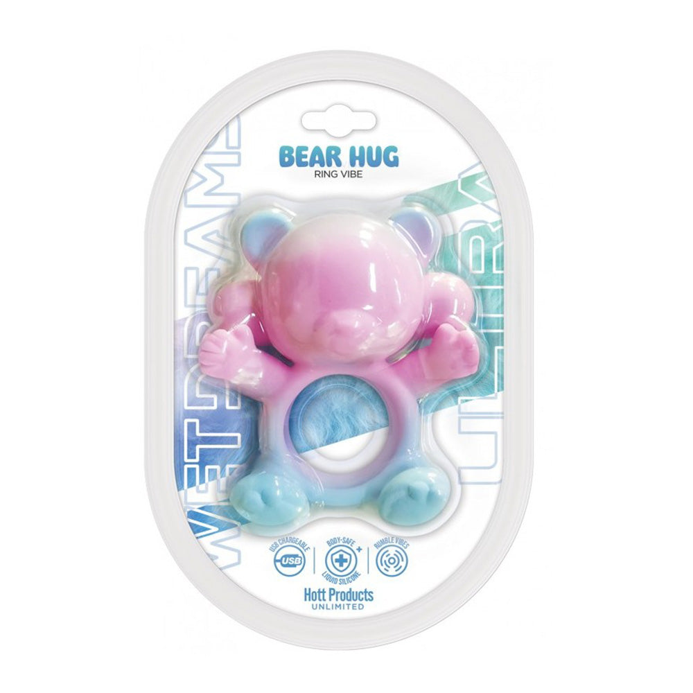 Pink and blue bear-shaped vibrating ring in packaging.