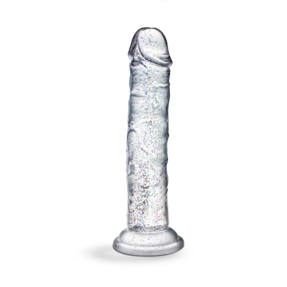 Clear 7-inch sparkling dildo with suction cup base.