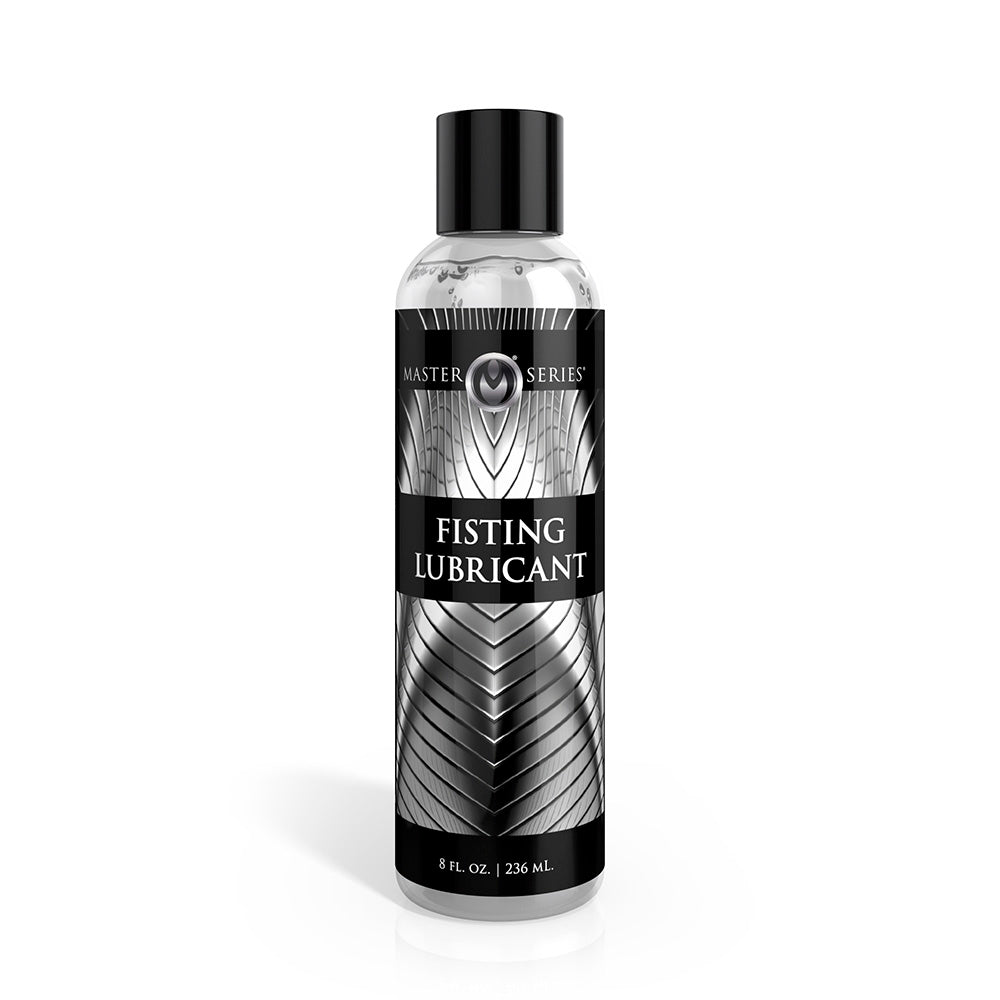 Master Series fisting lubricant in a clear bottle with a black cap.
