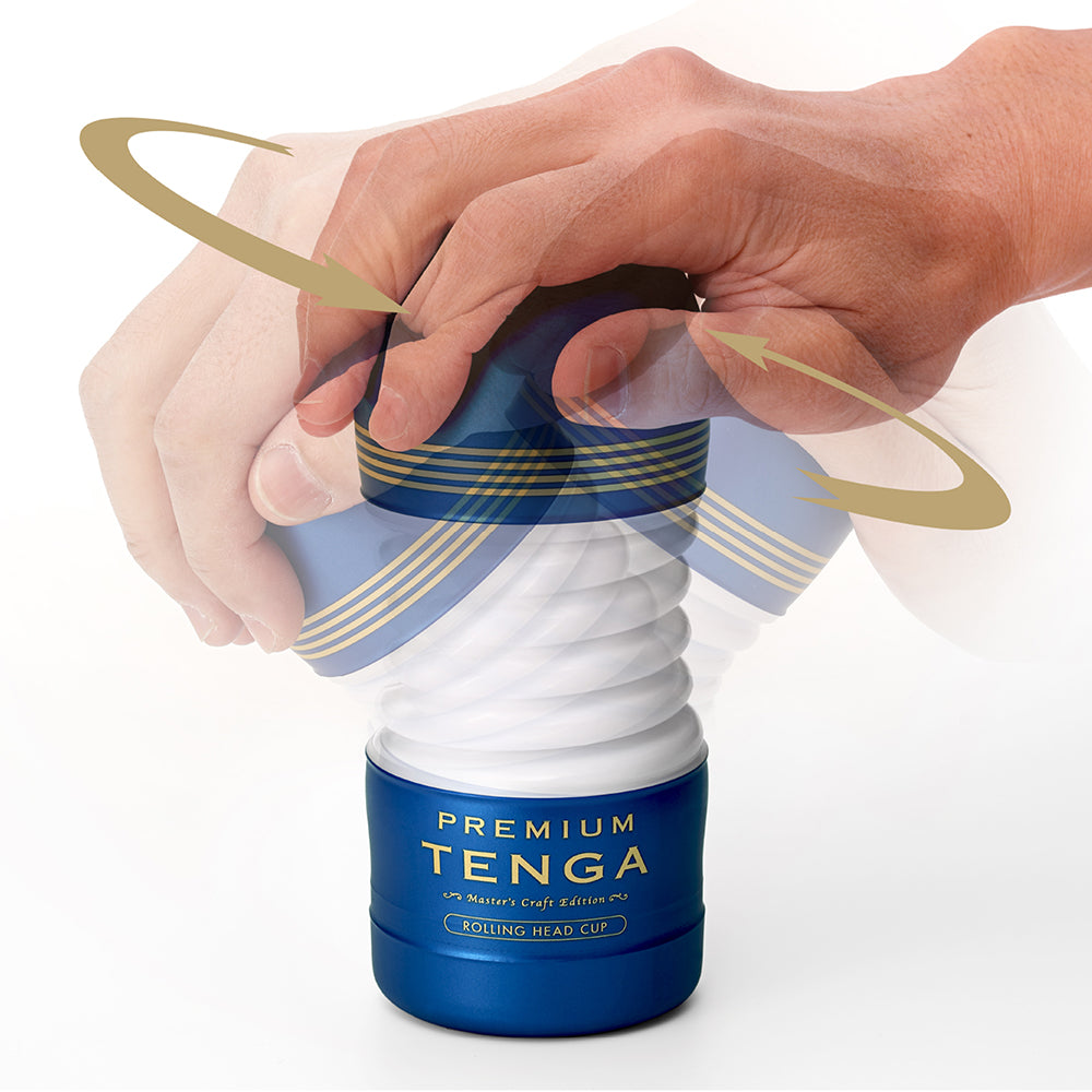 Tenga Premium Rolling Head Cup male masturbator with blue and gold accents.