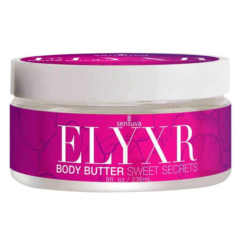 Sensuva ELYXR body butter in a clear jar with a pink label.