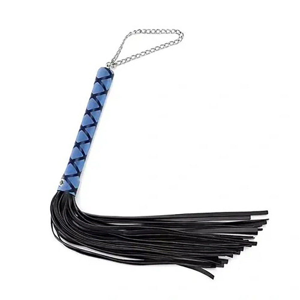 Blue and black PU leather flogger with a chain loop.