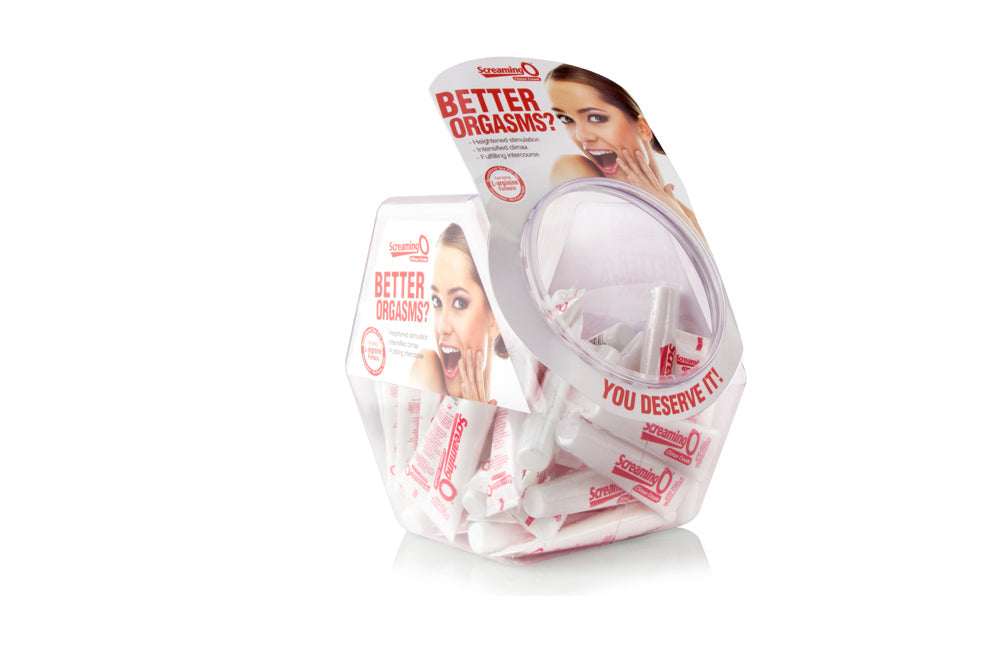 Display of Screaming O climax enhancing cream tubes in a clear dispenser.