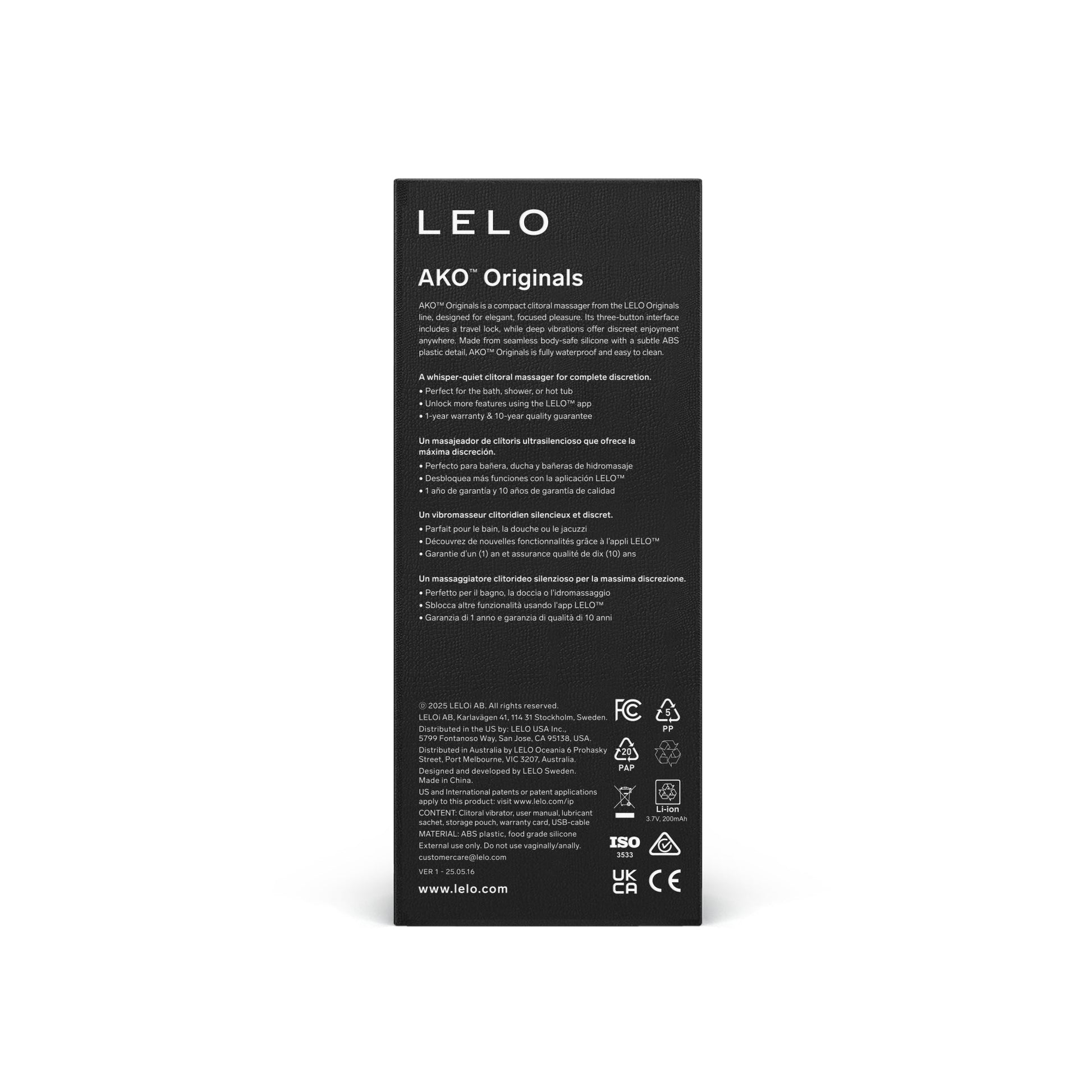 LELO AKO Originals clitoral massager in black with product information.