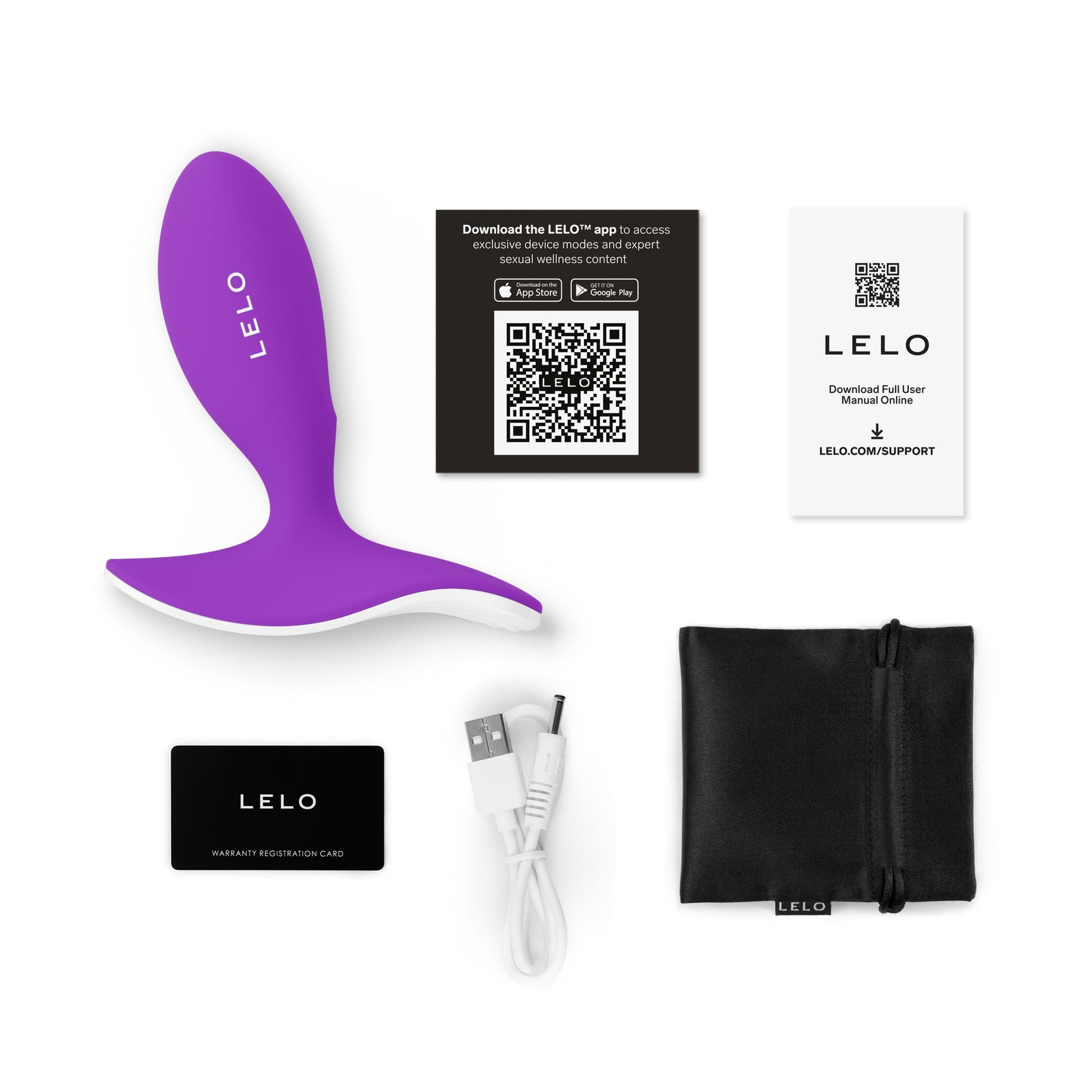 App-controlled purple waterproof prostate massager with charging cable, warranty card, and storage pouch.