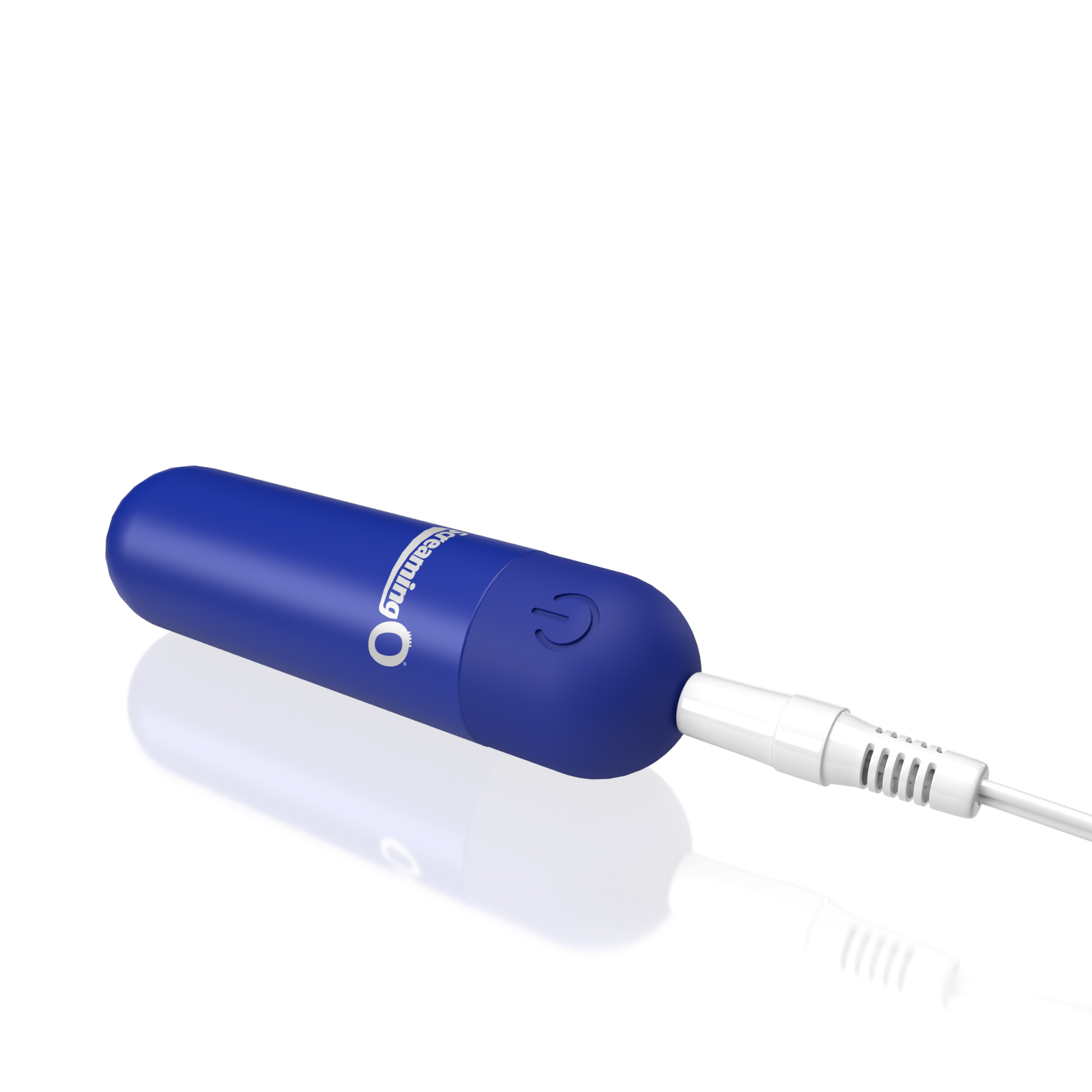 A blue rechargeable bullet vibrator with a power button and a white charging cable.