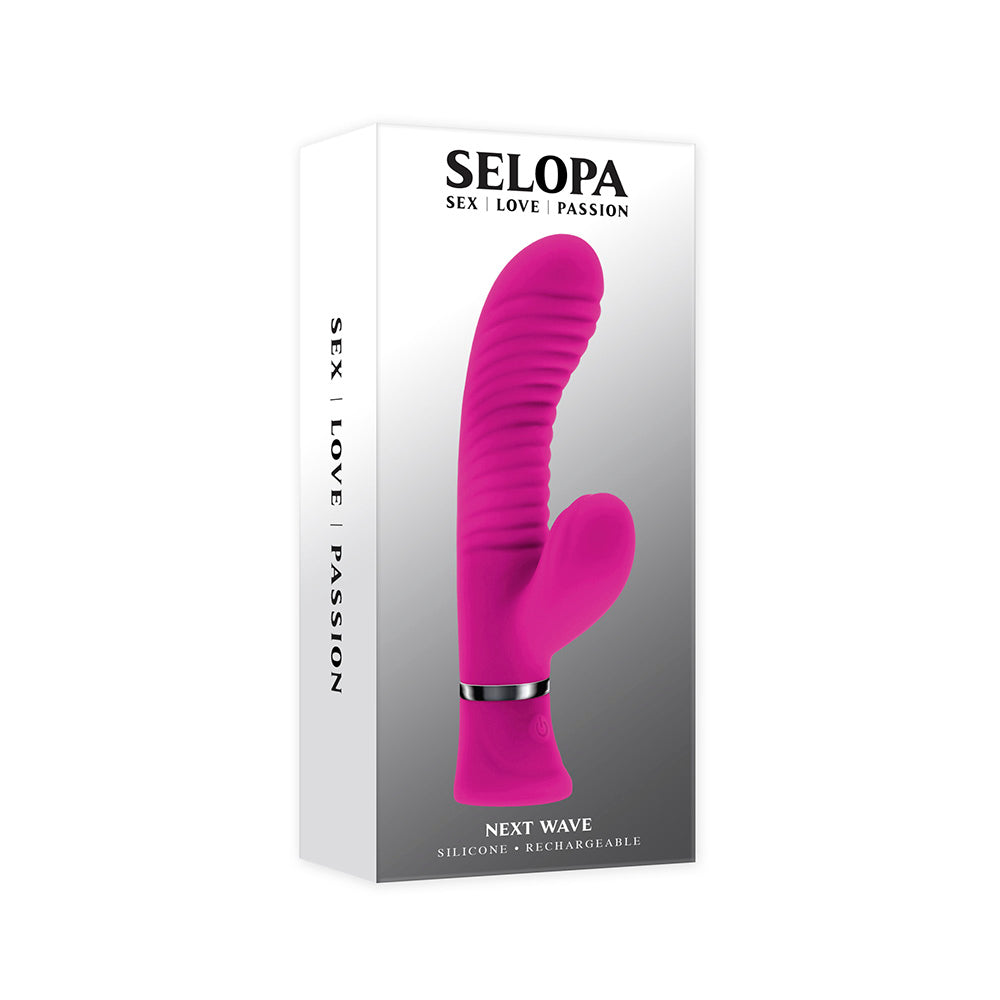 Pink silicone vibrator with wavy texture and curved tip on a white box.