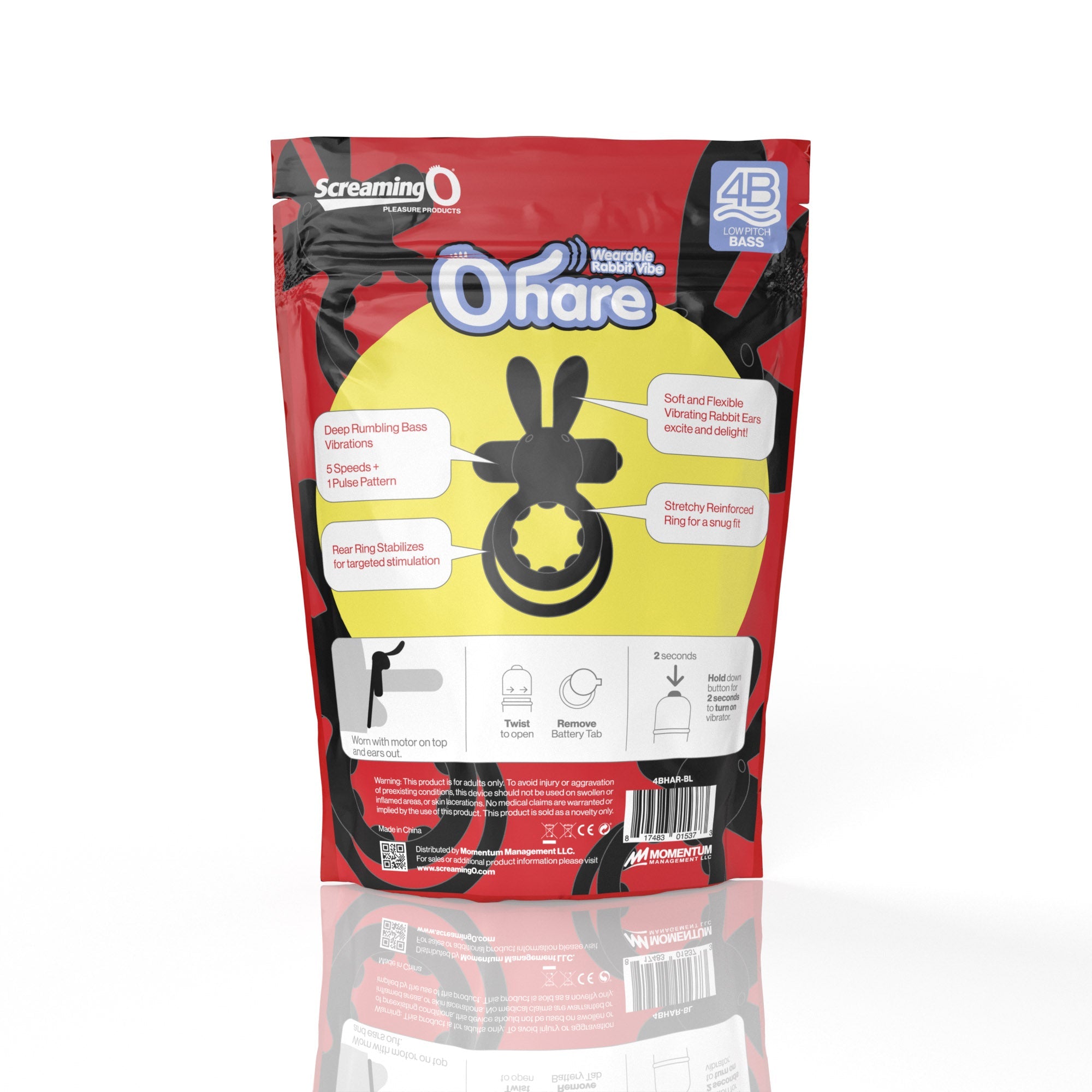 Black vibrating cock ring with rabbit ears and a stretchy ring.