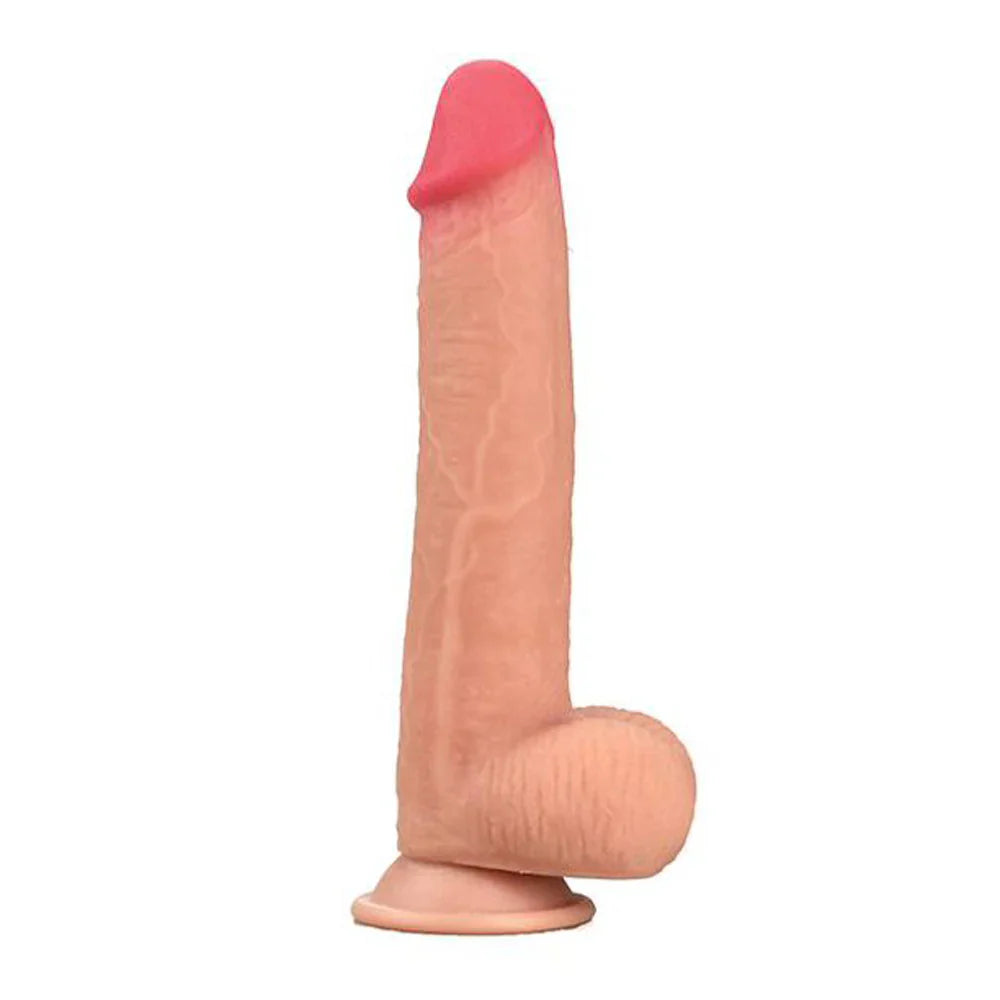 8-inch realistic soft-touch dildo with pink tip, waterproof, in flesh tone.