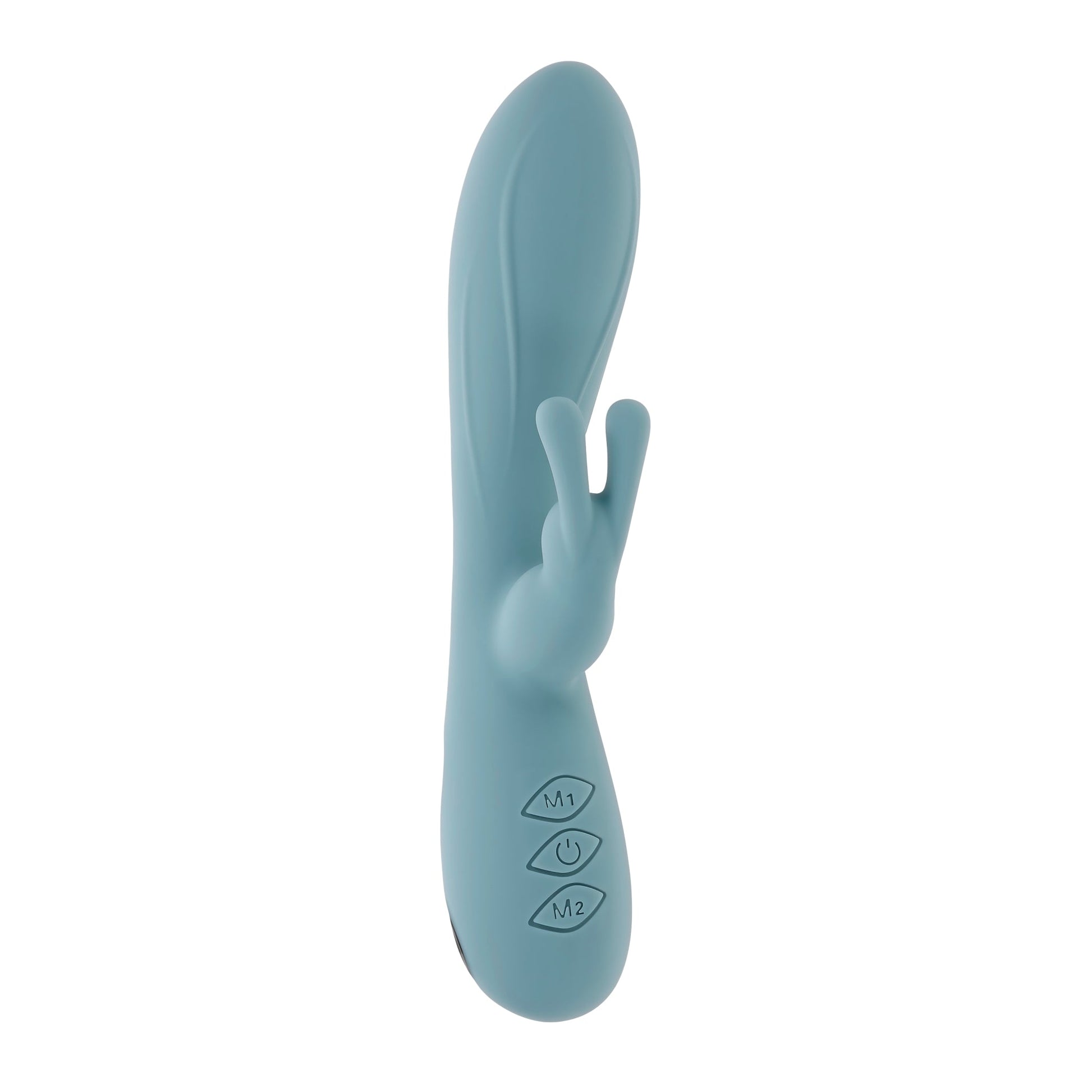 A teal silicone rabbit vibrator with three buttons on the base.