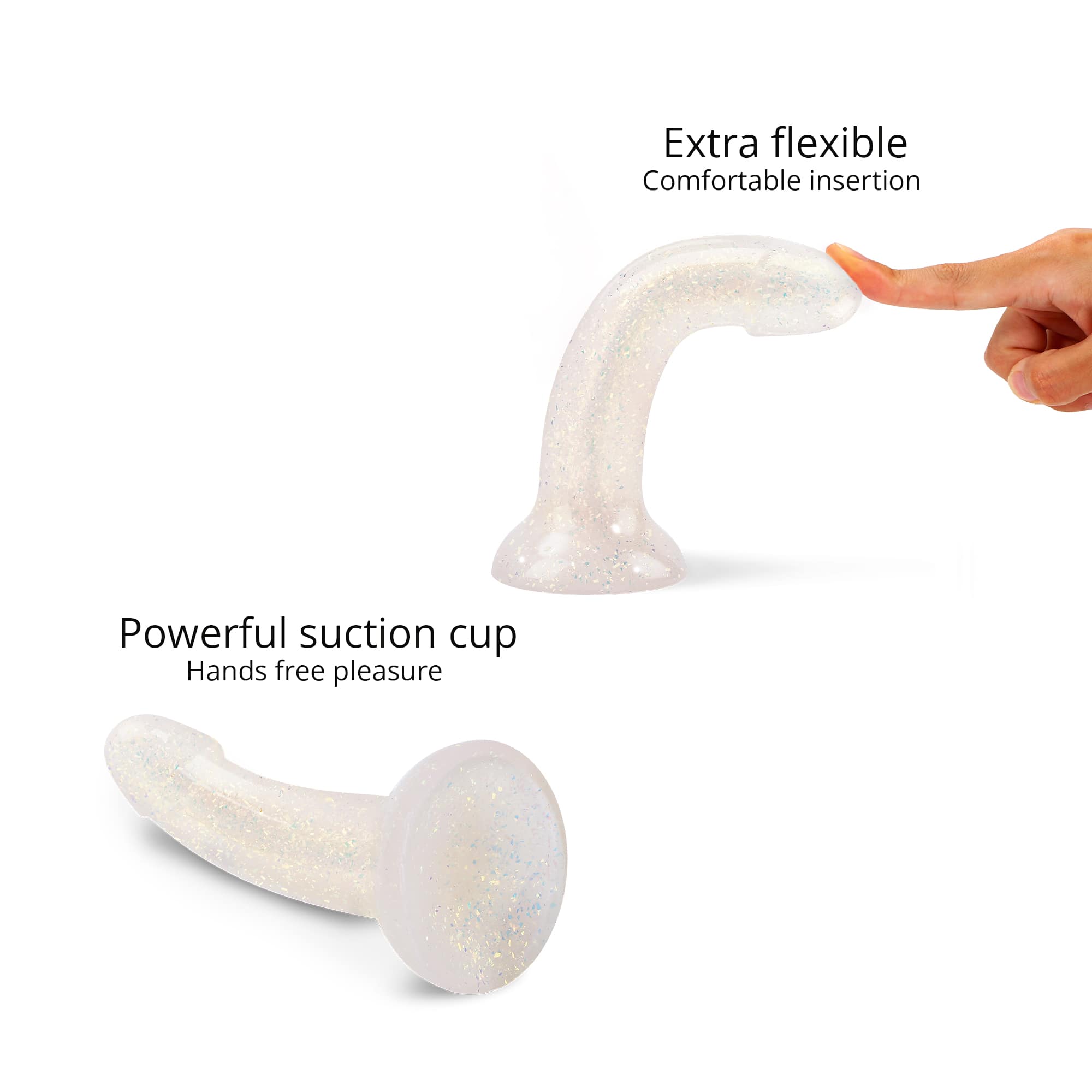 Curved silicone dildo with glitter and a suction base.