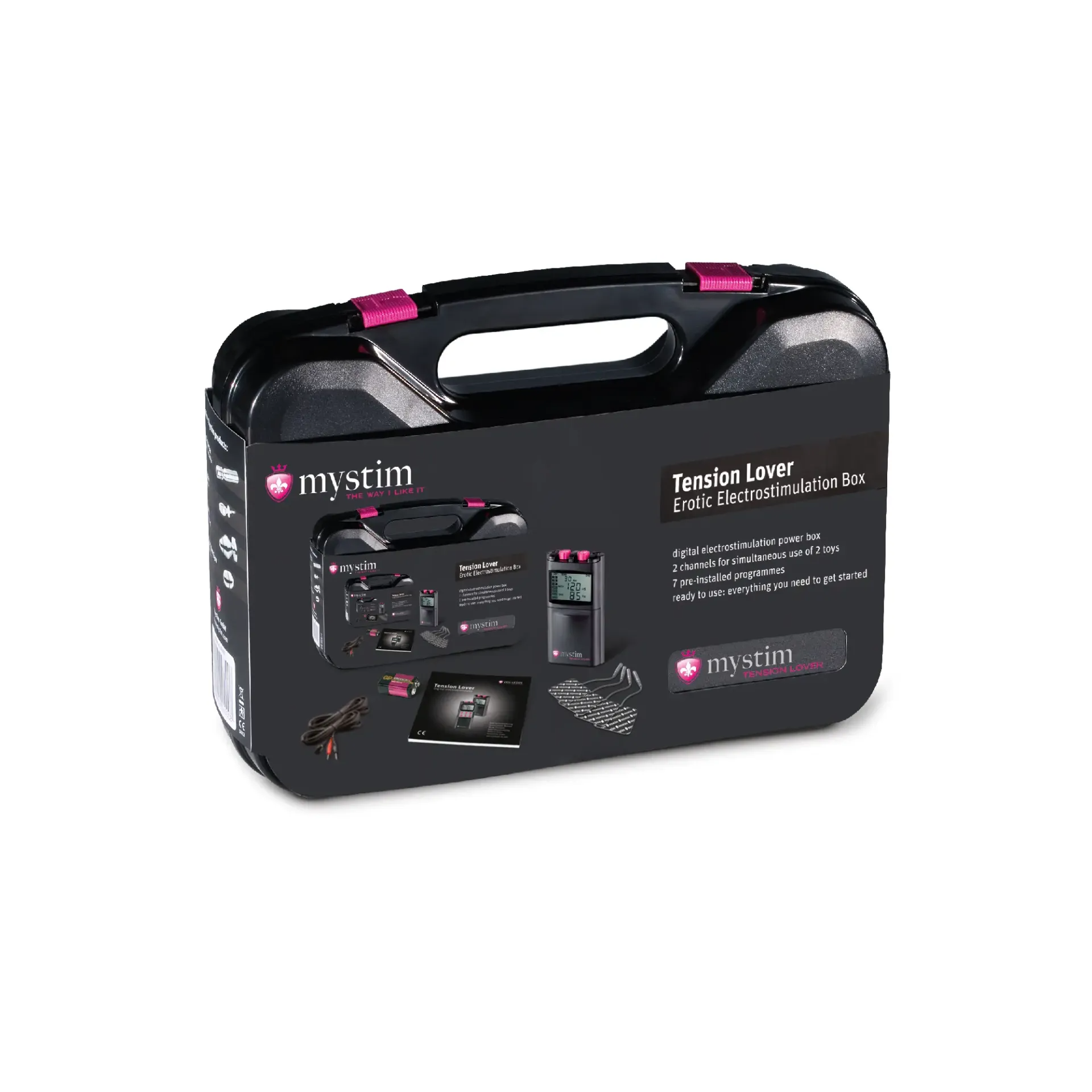 Mystim Tension Lover Erotic Electrostimulation Box with accessories.