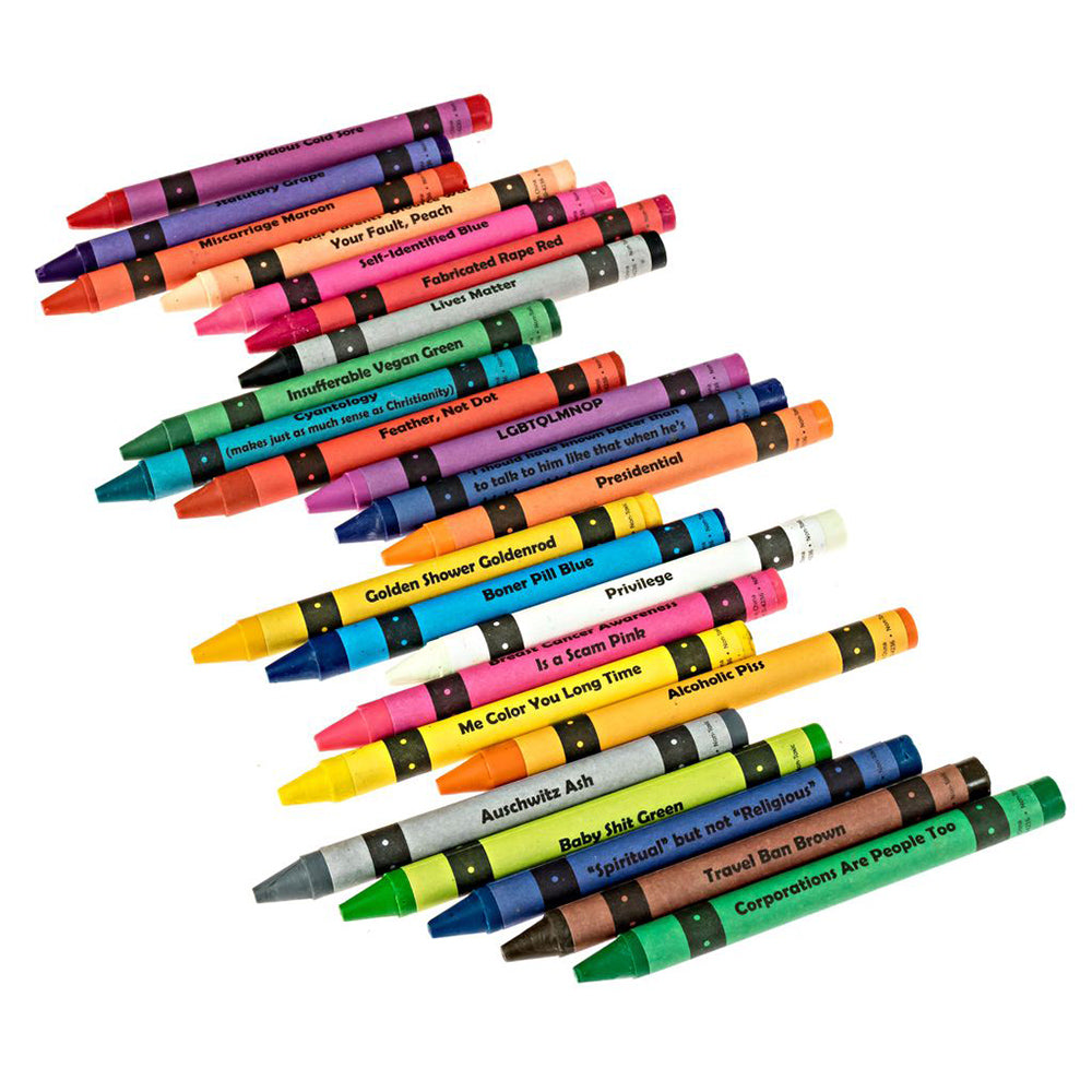 A pack of 24 assorted offensive crayons with irreverent color names.