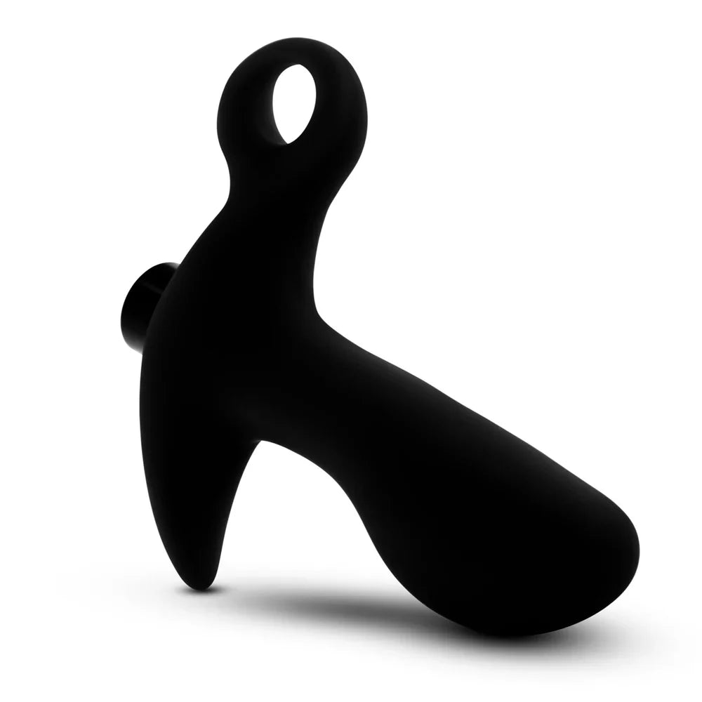 Black silicone prostate massager with a loop handle.