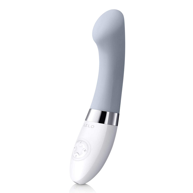 A cool gray G-spot and clitoral vibrator with a white base and silver accents.