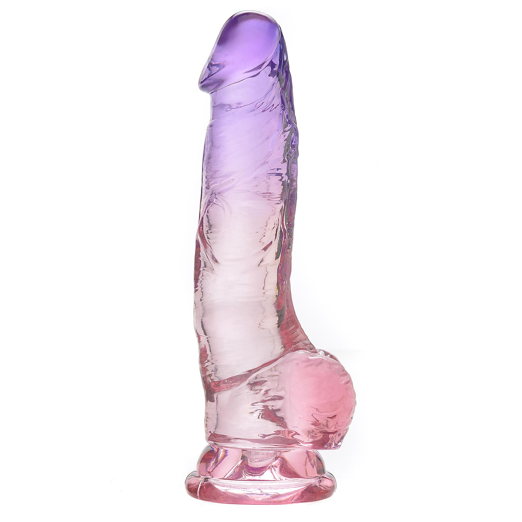 Realistic 8.5-inch veined suction cup dildo in purple gradient.