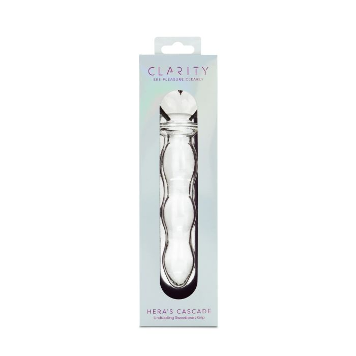 Clear glass dildo with undulating curves and a heart-shaped handle.