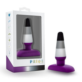 Ace Silicone Cone Shaped Anal Plug in purple, grey, and black.