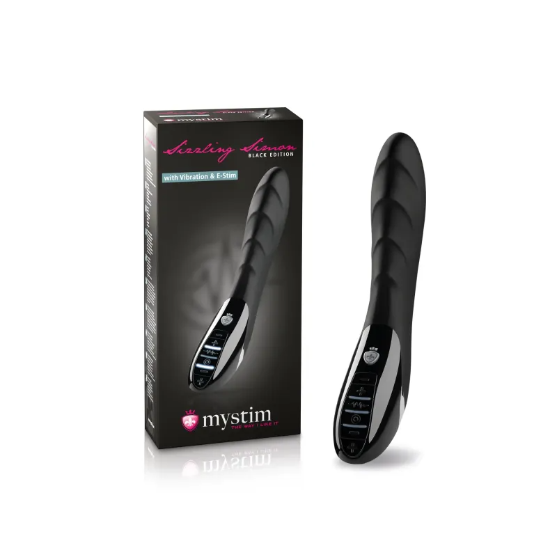 Black silicone vibrator with dual motors and e-stim functionality.
