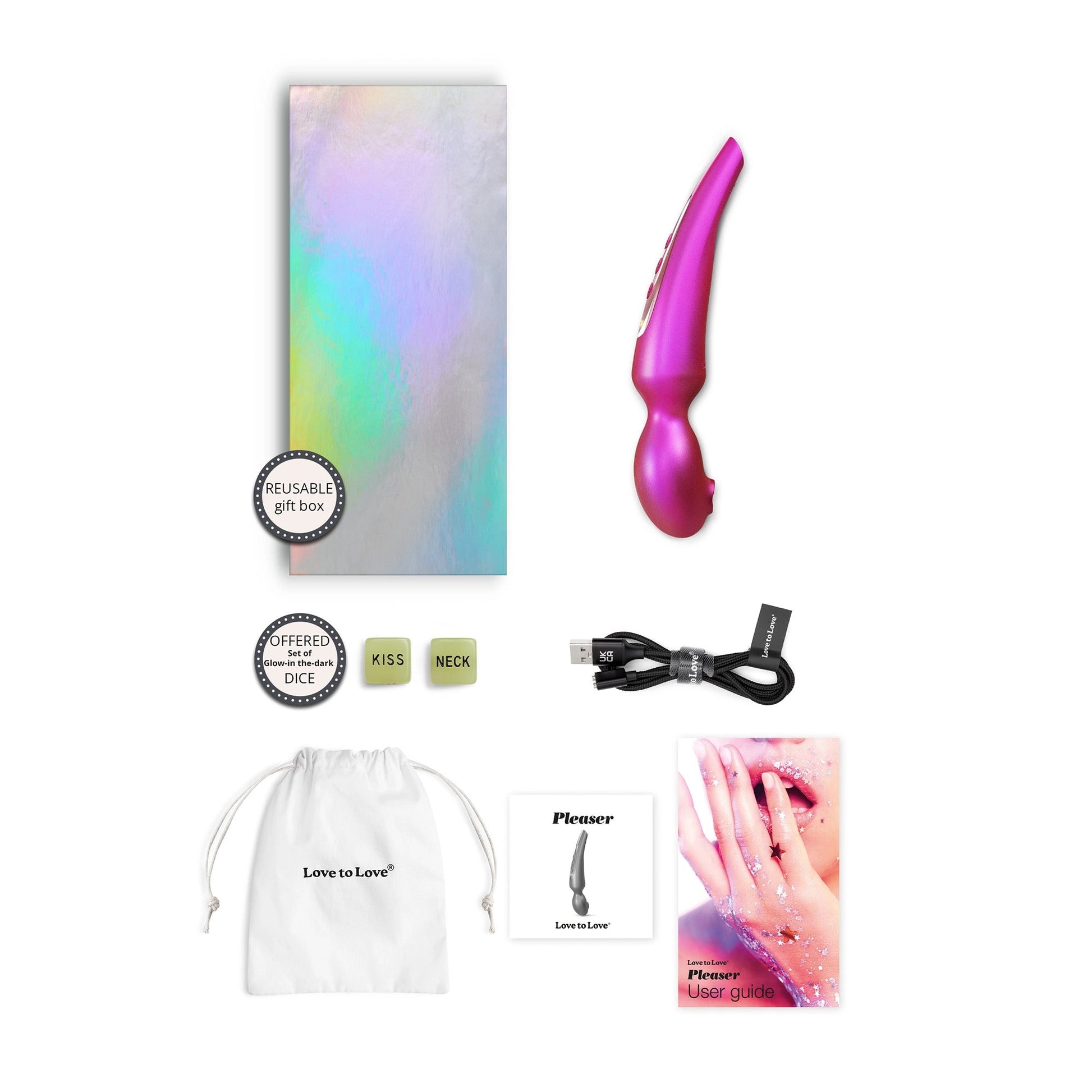Pleaser Flapping Wand Vibrator in iridescent berry with accessories.
