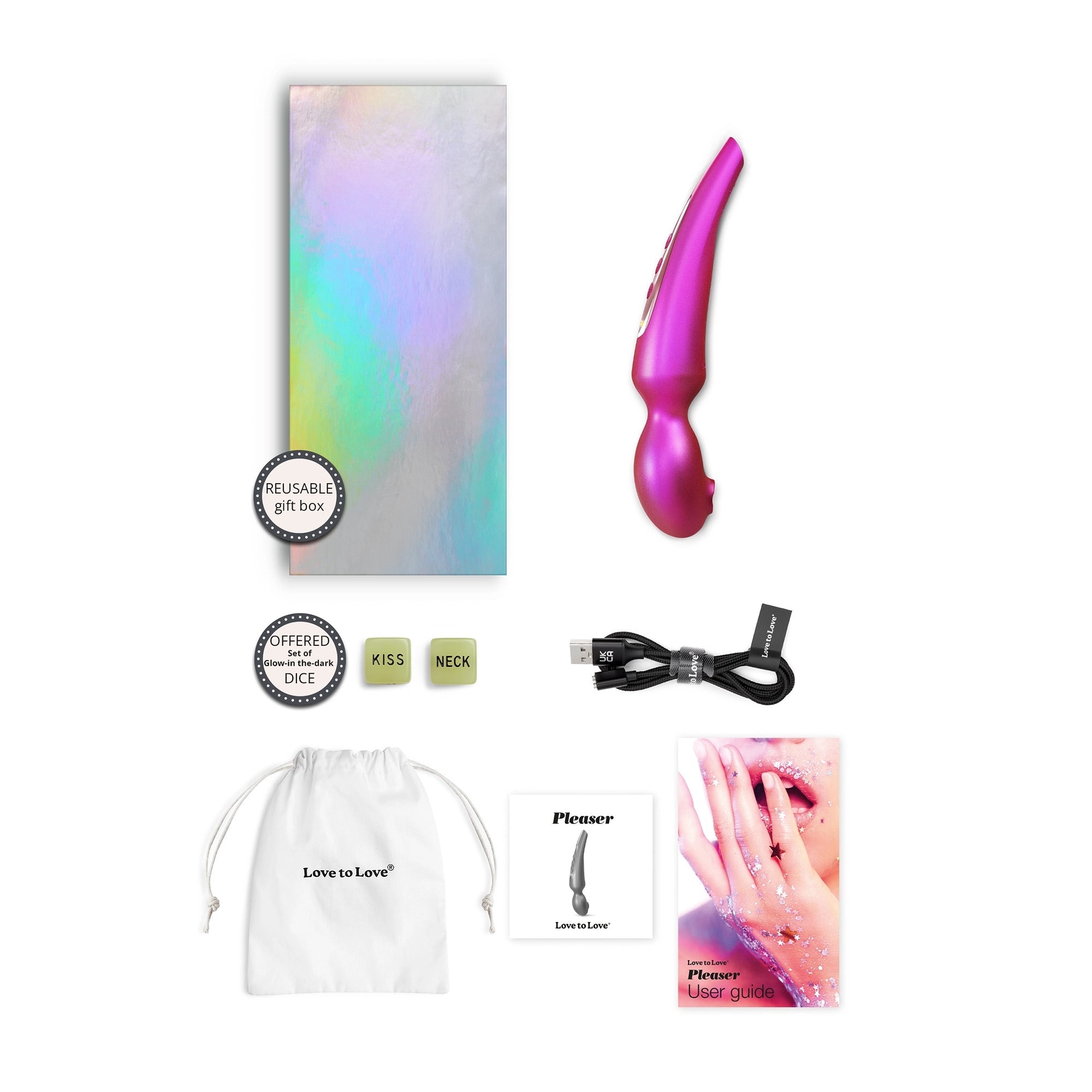 Pleaser Flapping Wand Vibrator in iridescent berry with accessories.