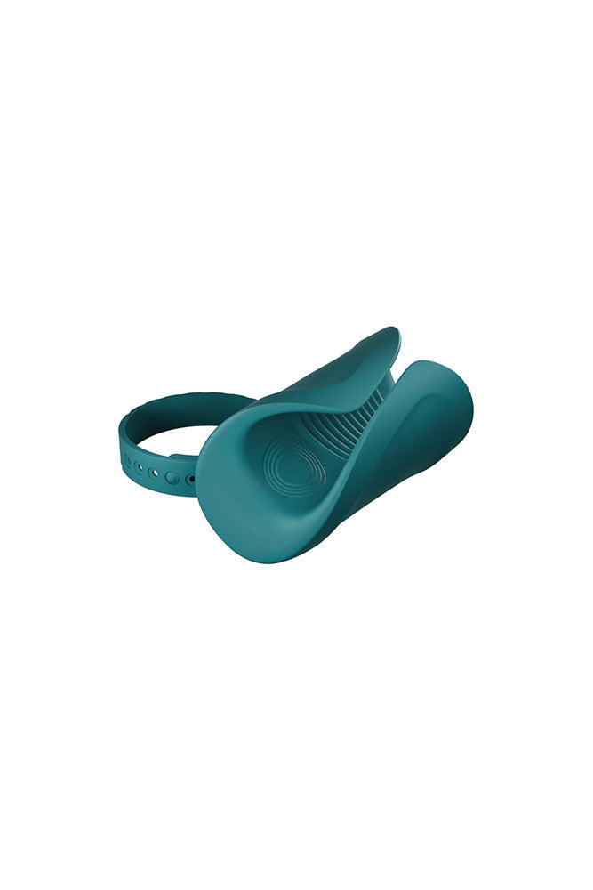 Teal Gush 2 app-controlled glans massager with a flexible strap.