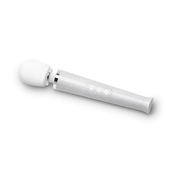 A white and silver wand massager with buttons on the handle.