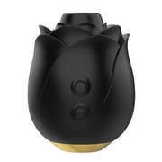 Black rose-shaped vibrator with two buttons and a gold base.