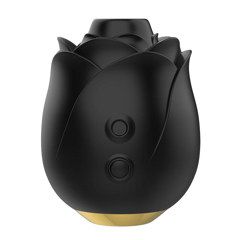 Black rose-shaped vibrator with two buttons and a gold base.