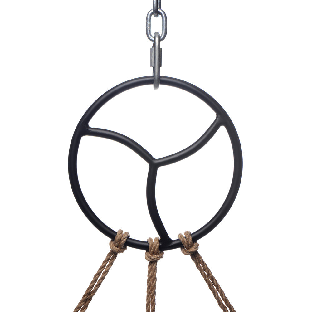 Black metal Shibari suspension ring with three rope attachment points.
