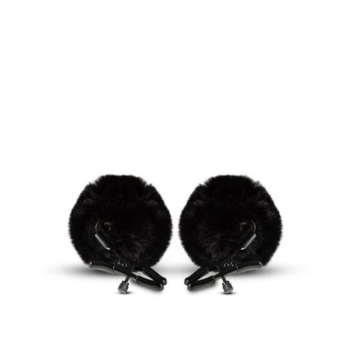 Black faux fur nipple clamps with adjustable metal clamps.
