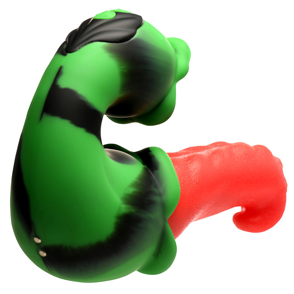 Green and black striped silicone vibrator with a red tongue attachment.