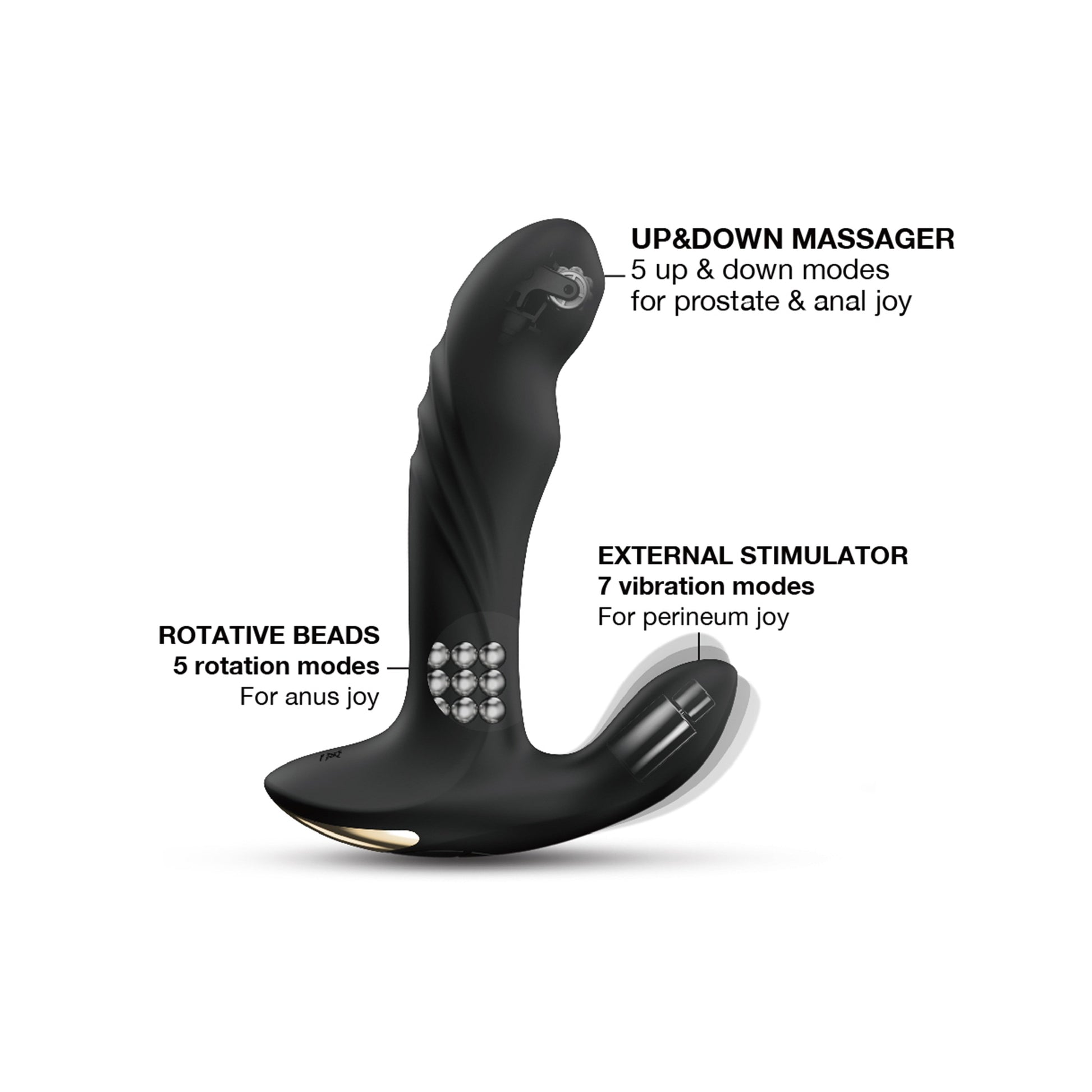 Black silicone prostate massager with curved shaft, rotating beads, external stimulator, and remote.