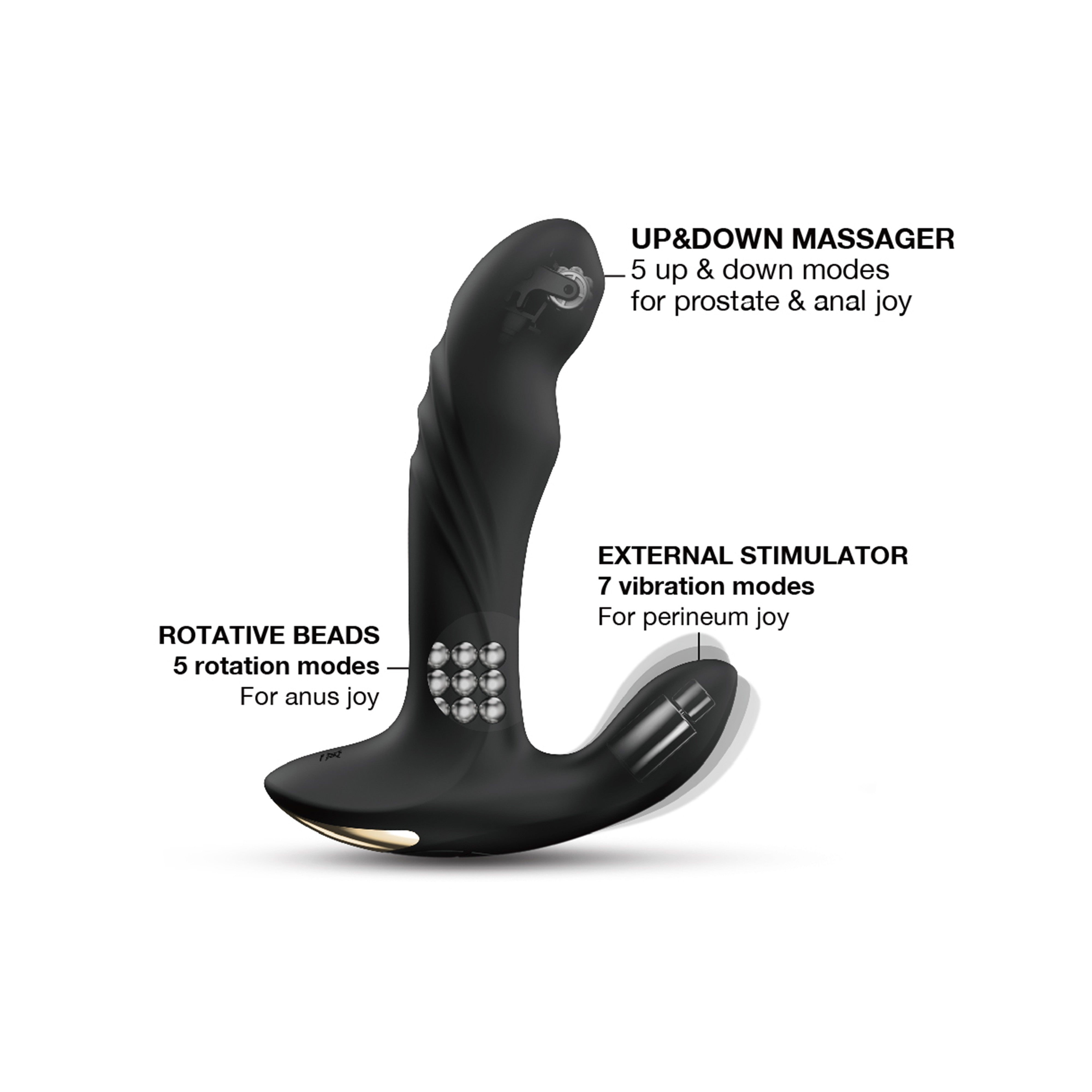 Black silicone prostate massager with curved shaft, rotating beads, external stimulator, and remote.