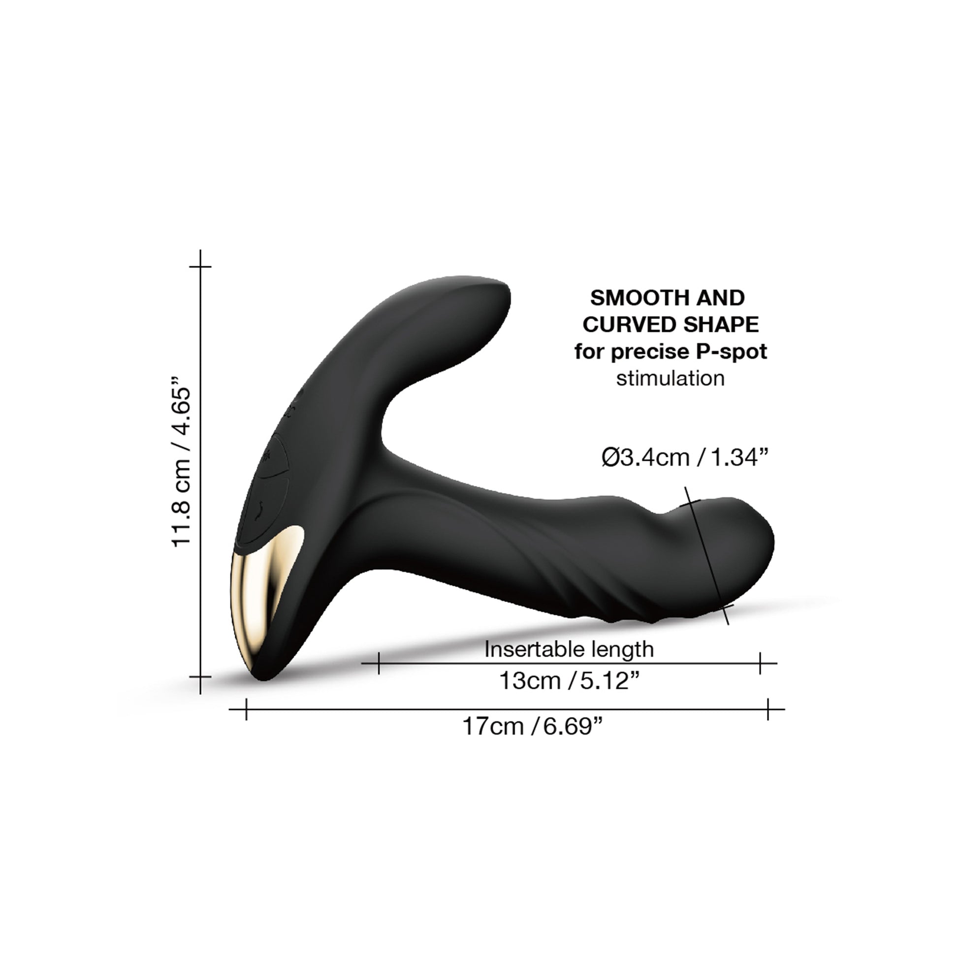 Black prostate massager with gold accent, showing dimensions.