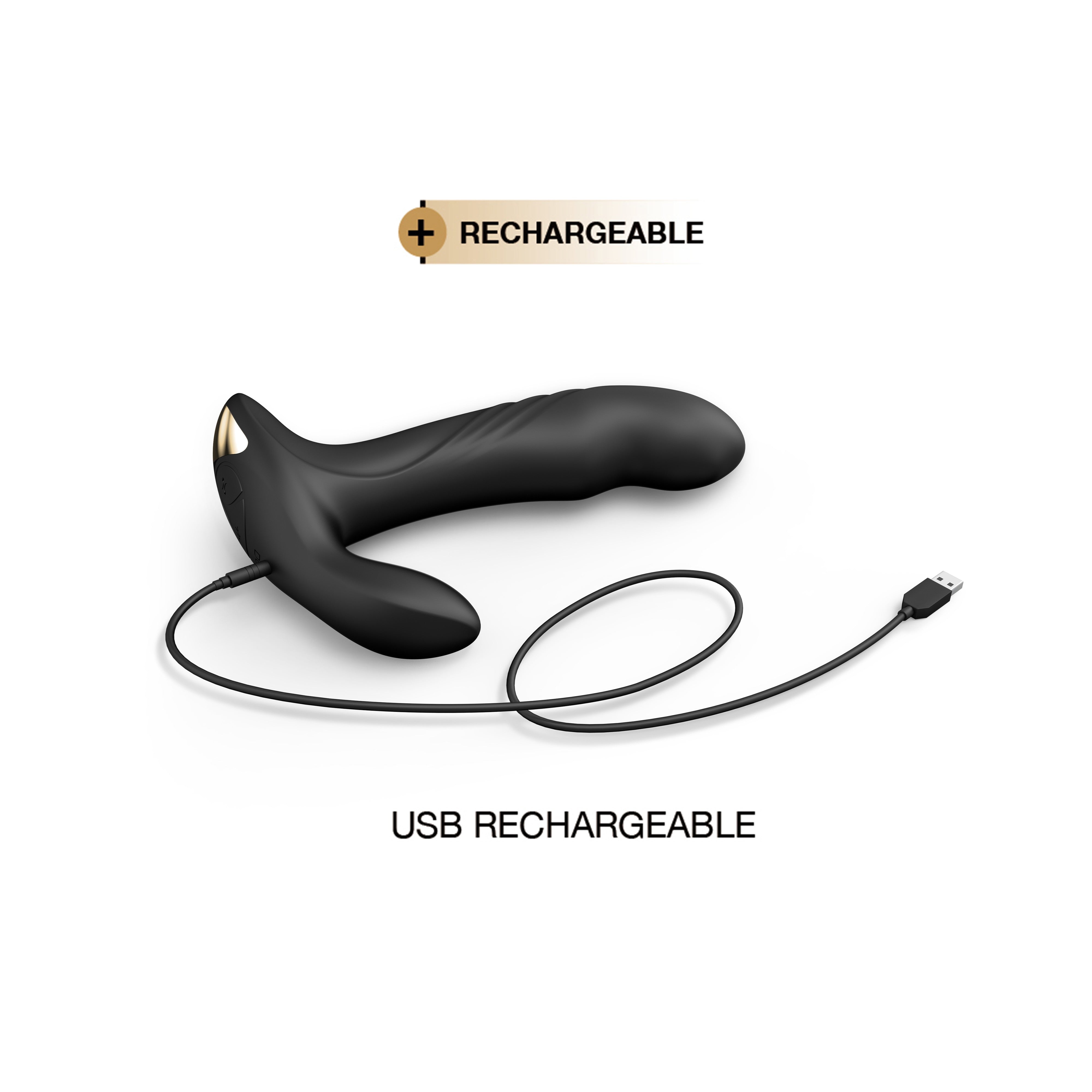 Black triple motor prostate massager with USB charging cable.