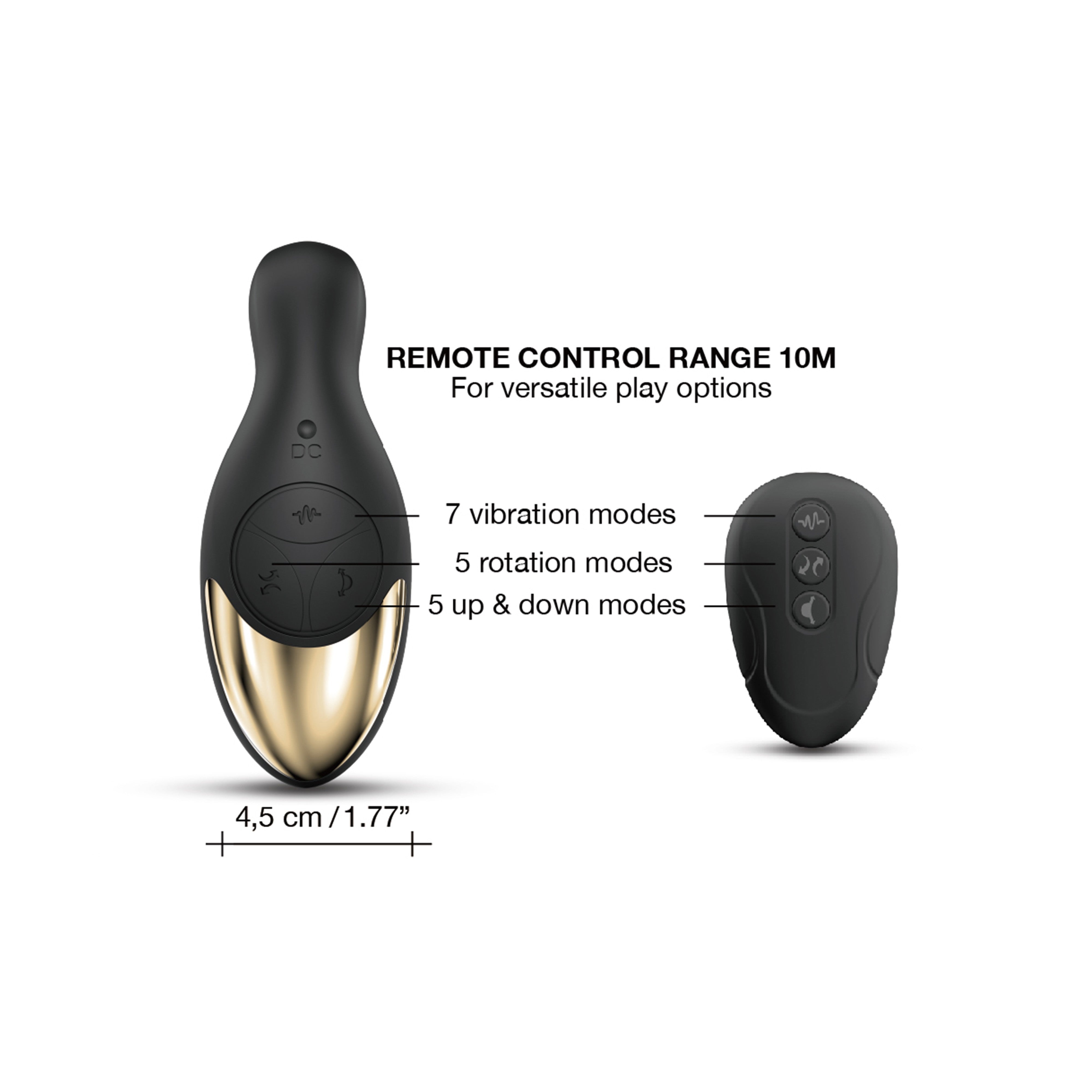 A black and gold prostate massager with a remote control, featuring 7 vibration modes.
