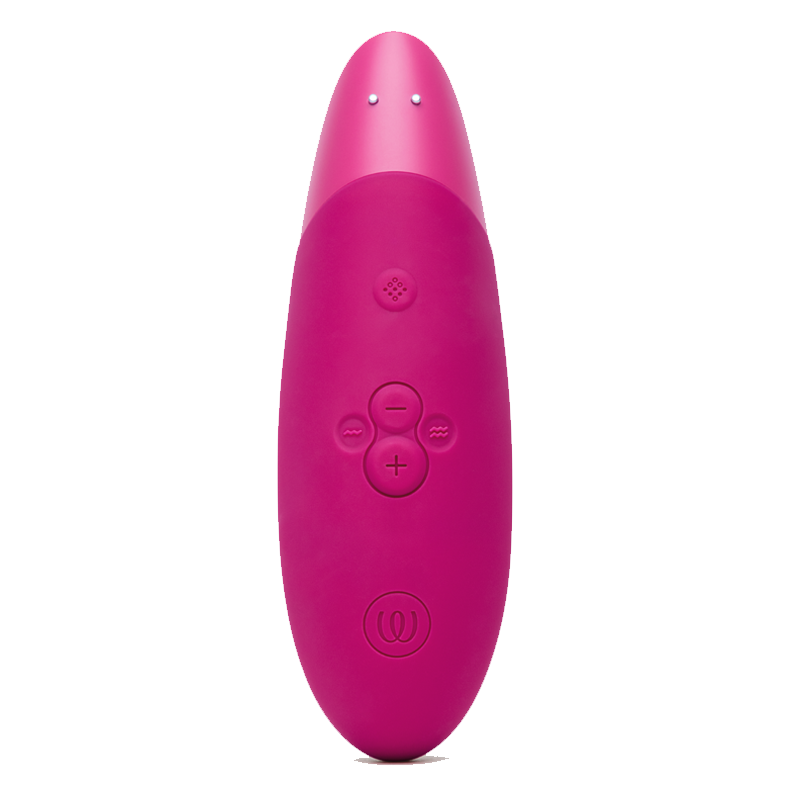 A pink Womanizer clitoral stimulator with buttons and a logo.