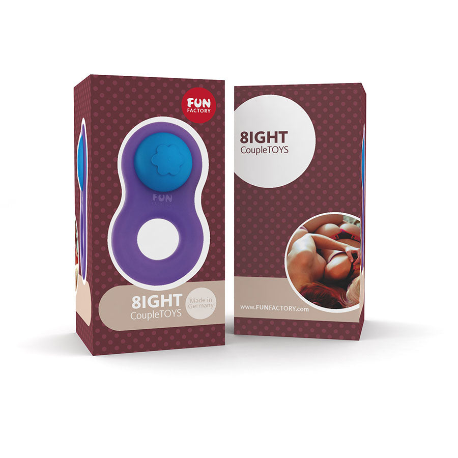 8IGHT silicone cock ring with removable love bud in purple and blue.