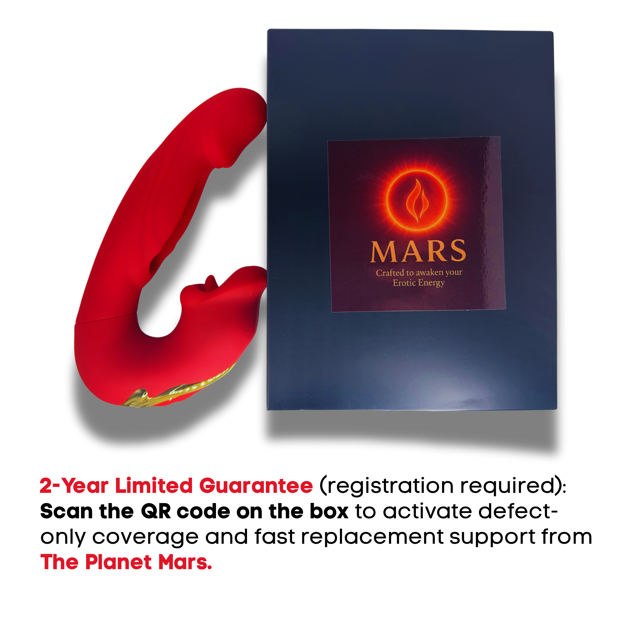 Red triple-action silicone vibrator with anal arm and box.