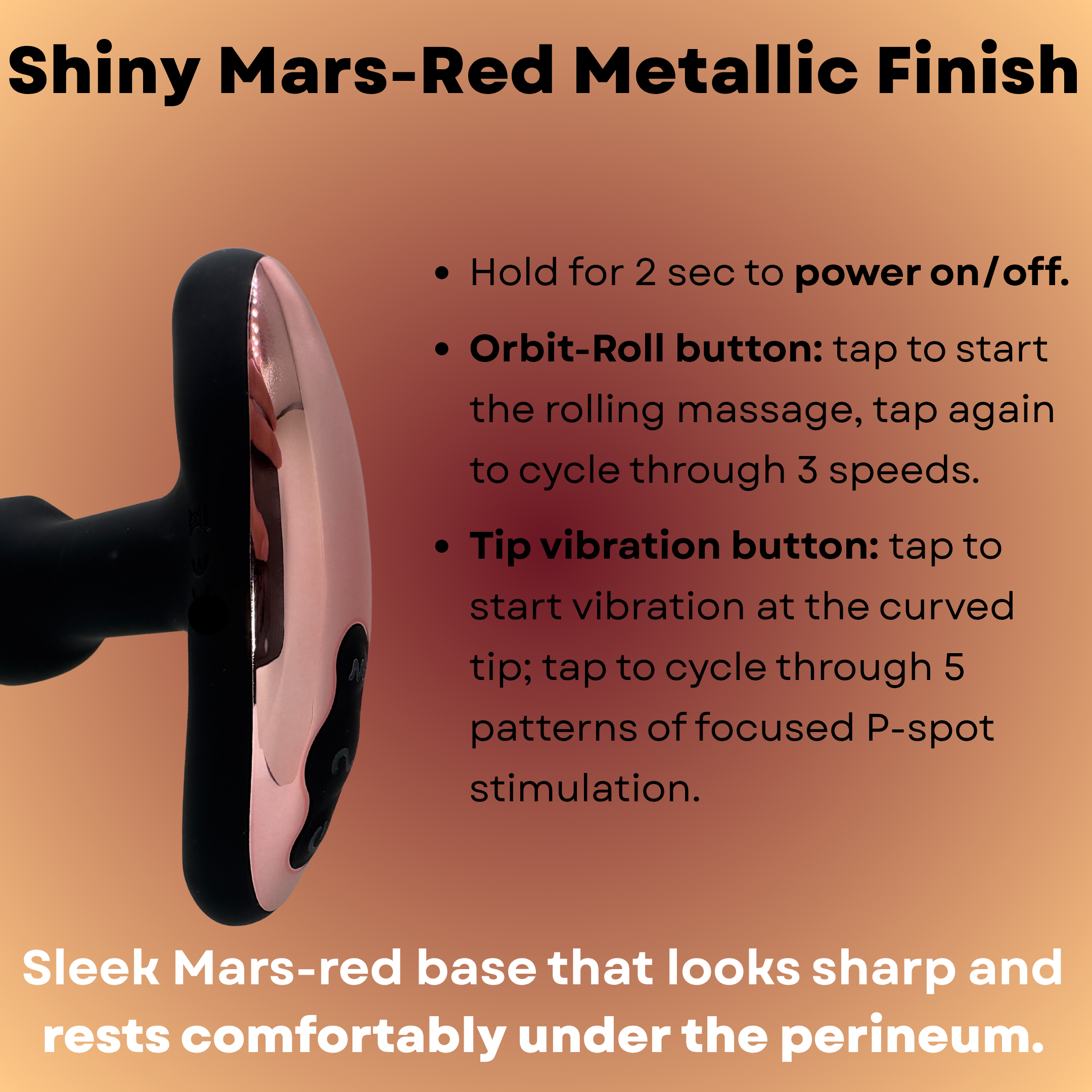 Mars Orbiter Pro massager with a black body and Mars-red metallic base.