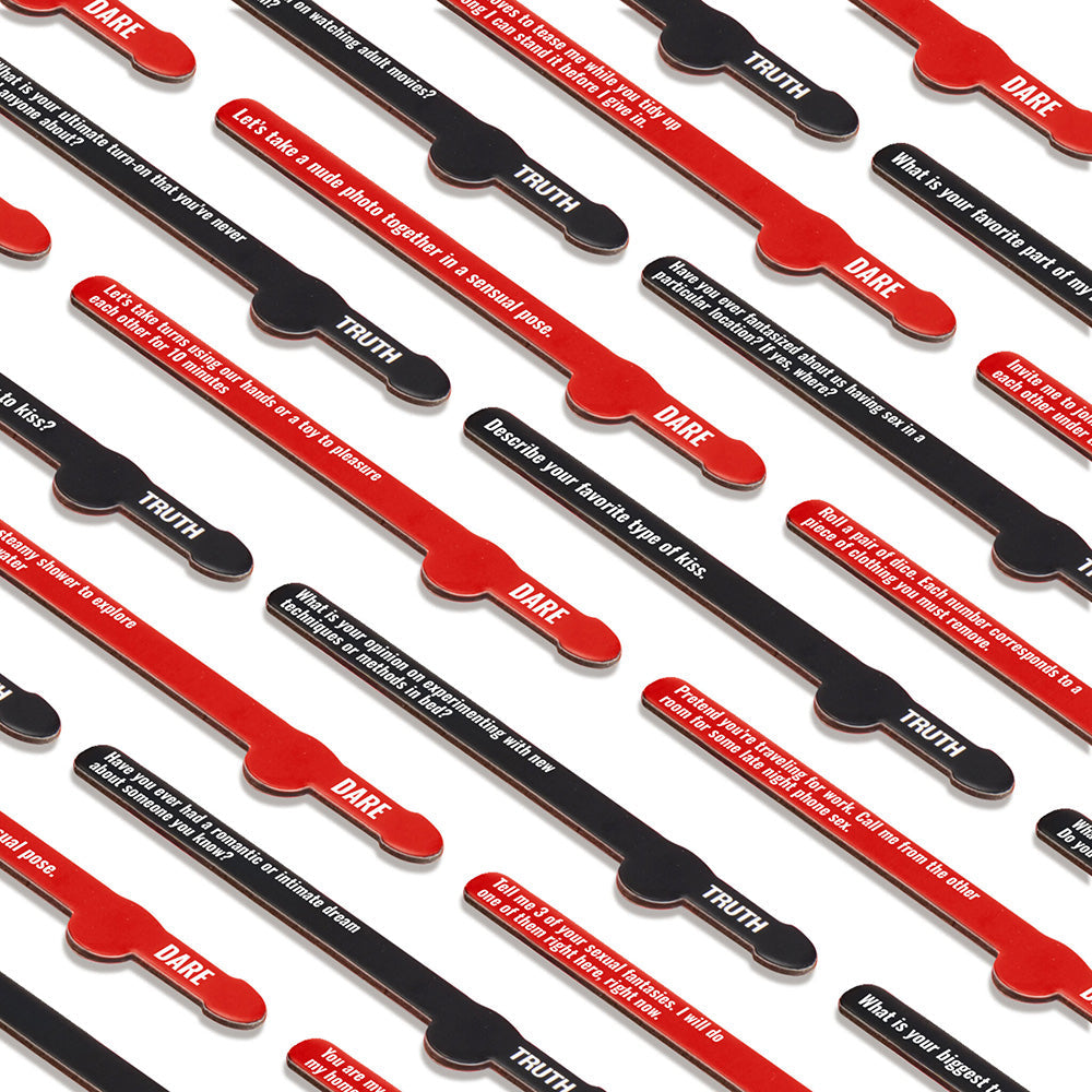 Red and black Kinky Truth or Dare cards with playful prompts for couples.