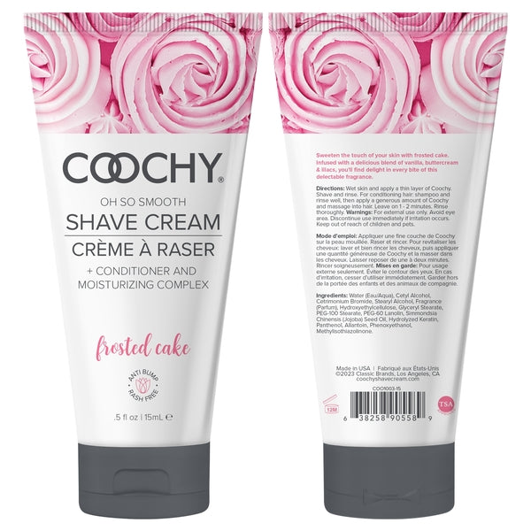 Coochy Frosted Cake travel size shave cream with pink floral design.