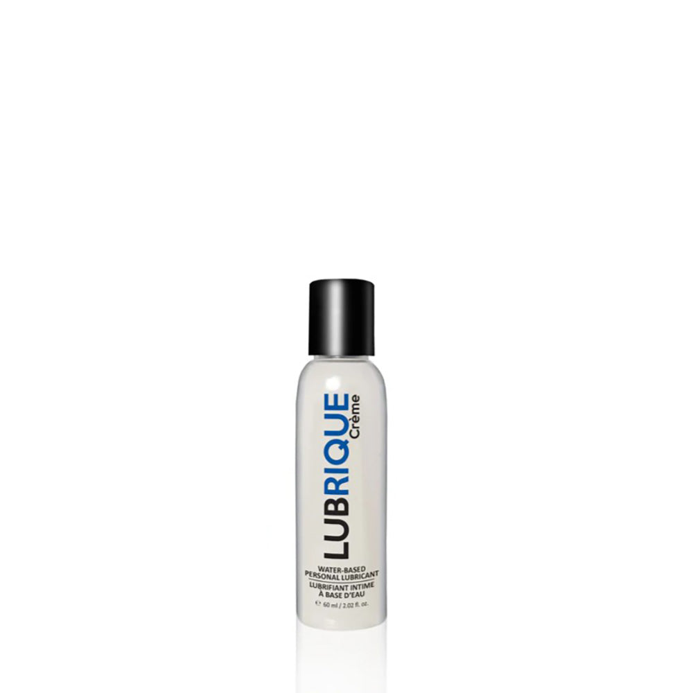 Lubrique Crème water-based personal lubricant in a clear bottle with a black cap.